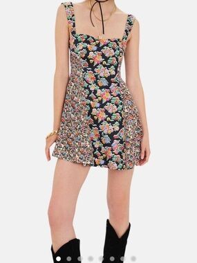 For Love & Lemons Black Multi Floral Patchwork Mini dress nwt